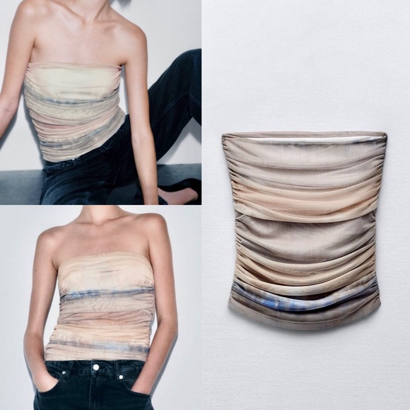 Zara NWT ruched mesh tulle strapless corset tube top- summer tie dye print - Picture 1 of 9